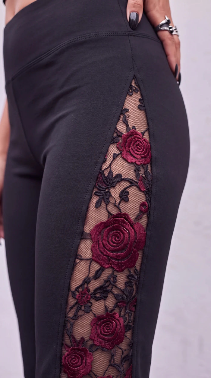 Close-up of the Blood Rose embroidered roses and high waistband