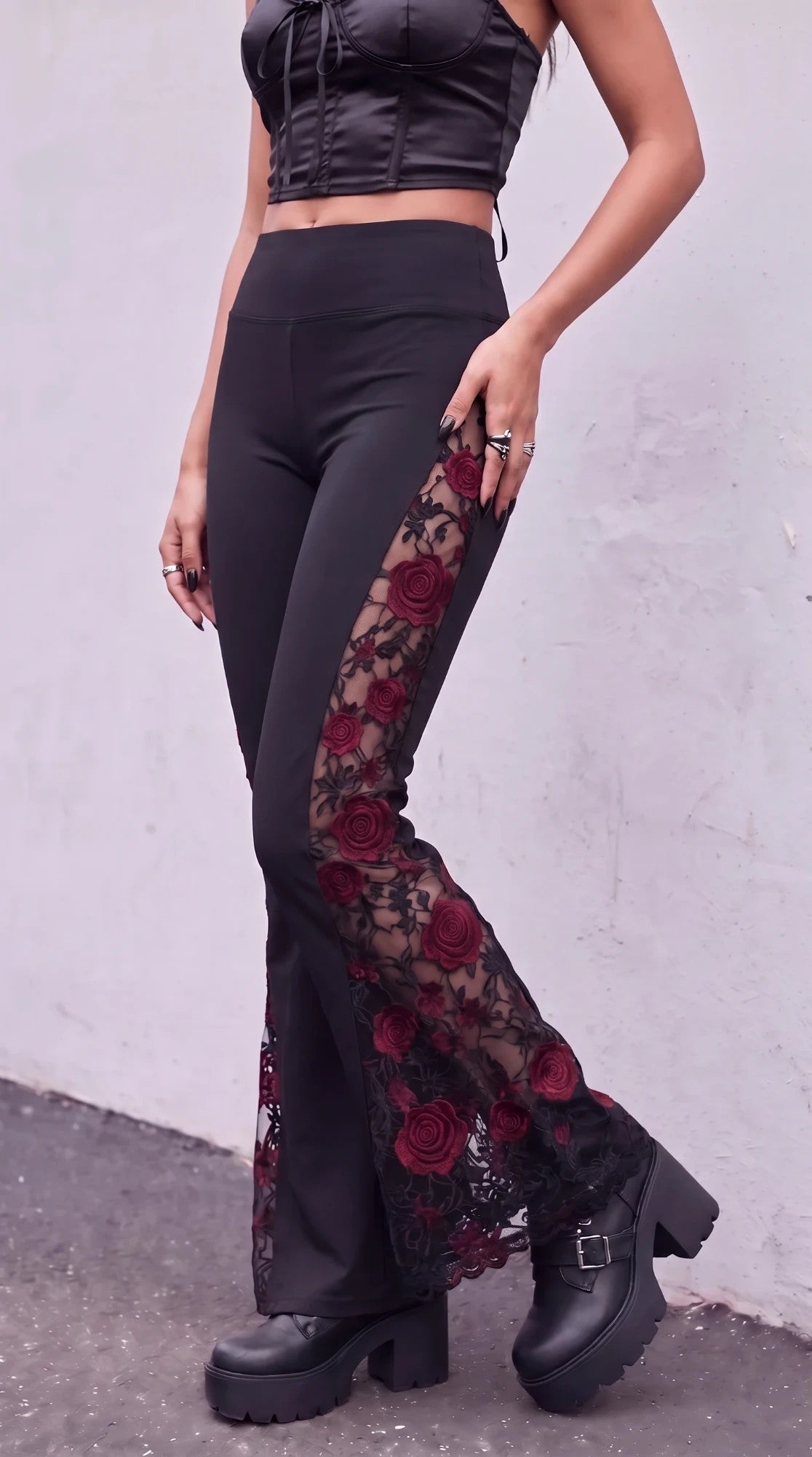 Blood Rose – red embroidered roses down the leg to the flared hem