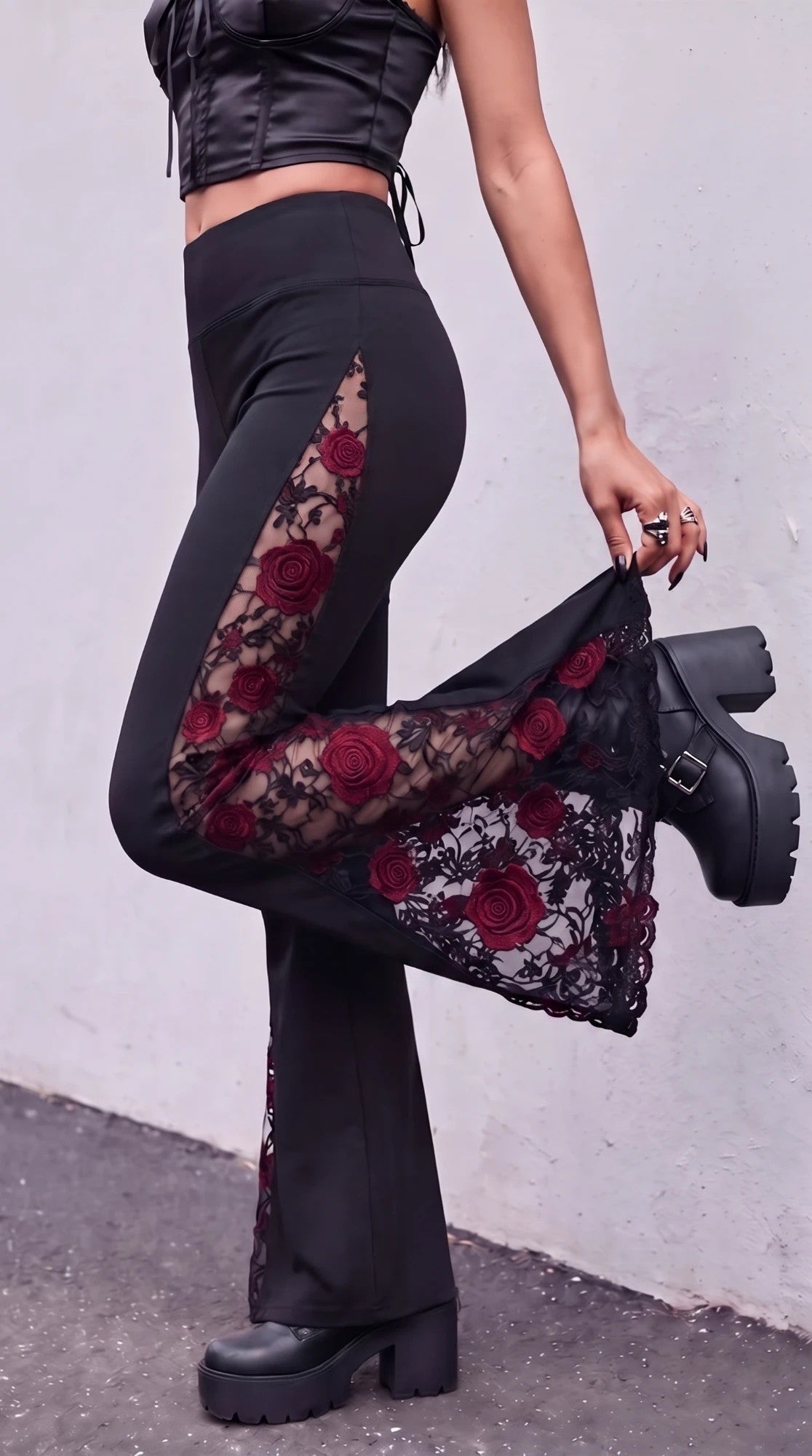 Blood Rose – black flare leggings with red embroidered roses on sheer lace
